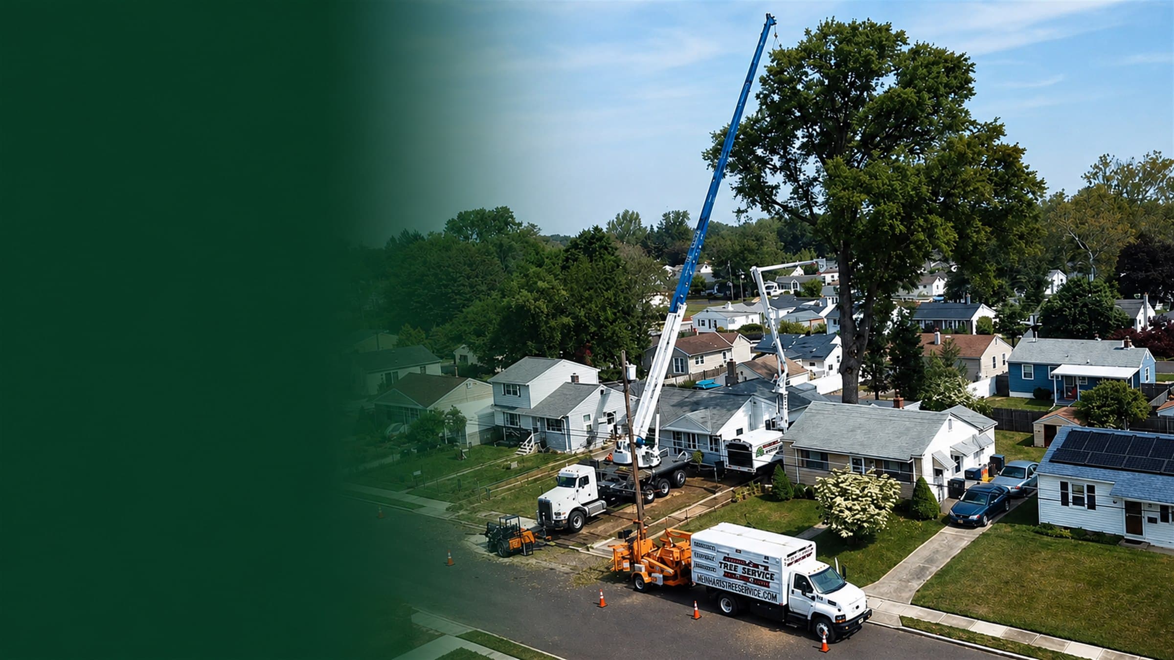 Meinhart's Tree Service crew removing a large tree with a crane truck in a South Jersey neighborhood