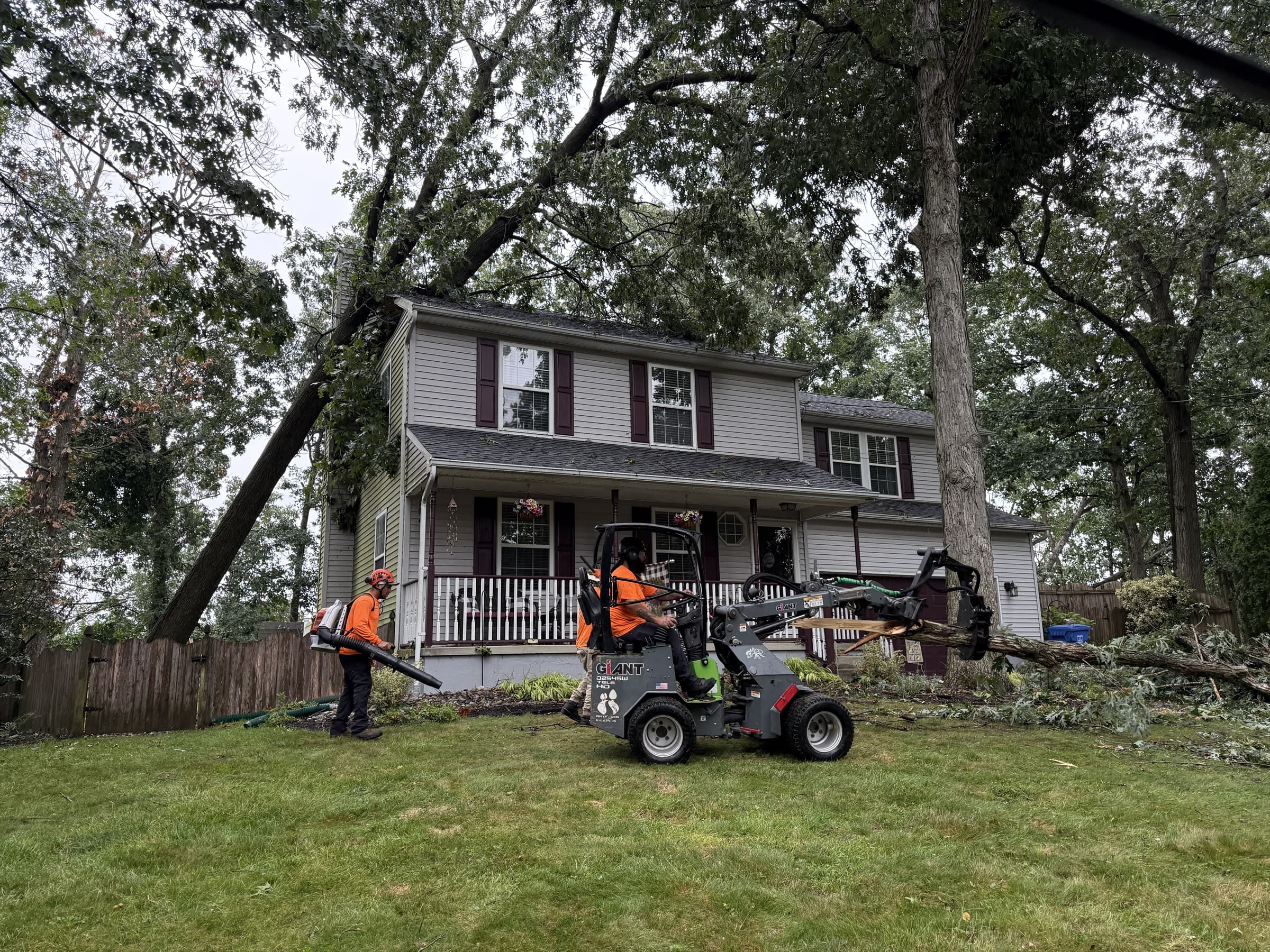 Meinhart's Tree Service crew preparing to remove a storm-fallen oak from a home in Mantua Township, New Jersey
